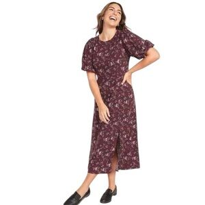 Old Navy Puff Sleeve Ditsy Floral Burgundy Shift Midi Dress Cottagecore